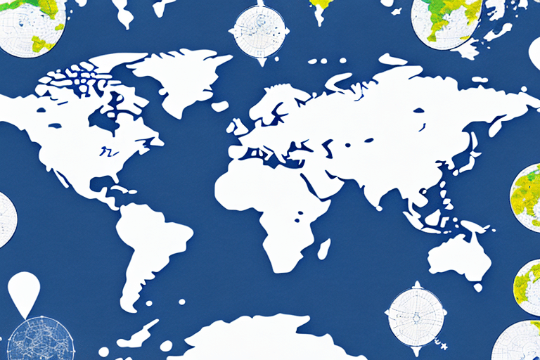 A stylized white map of the world on a blue background features globe icons with green continents and blue oceans, reminiscent of a FedEx Ship Manager interface. The abstract design uses geometric and colorful elements to highlight default country settings.