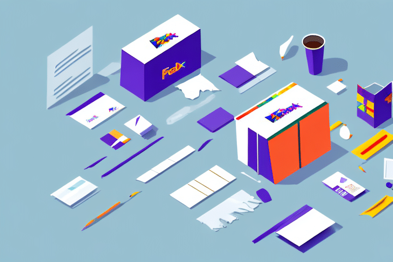 A flat lay of various office supplies, including a FedEx package ready for shipment, pens, sticky notes, envelopes, a mug, and sheets of paper on a light blue background. The items are arranged neatly and feature a mix of purple, orange, and white colors.