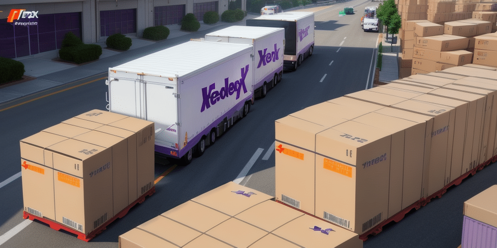 A fleet of white trucks with purple Xeedex logos travels on an urban road, reminiscent of a scene youd find in FedEx Ship Manager. The foreground features pallets stacked with cardboard boxes, also bearing the Xeedex logo, set against the backdrop of large industrial buildings.
