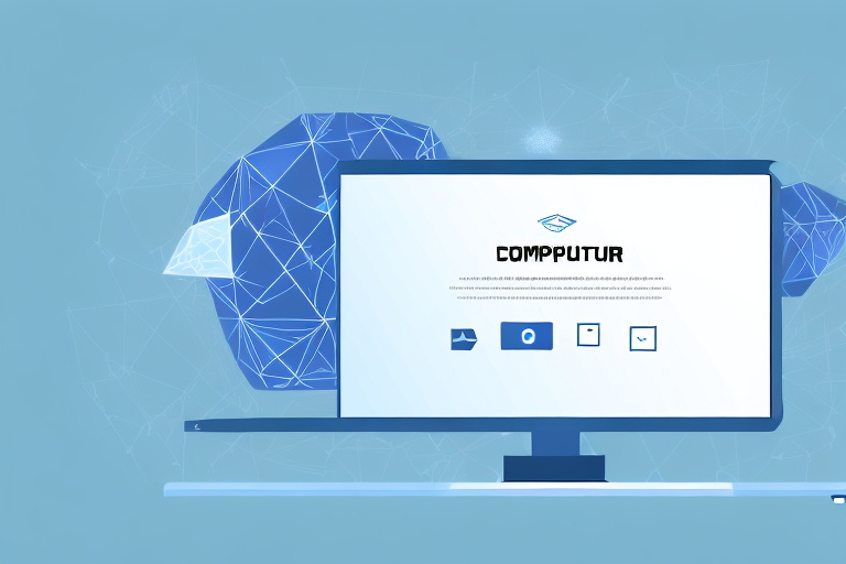 A computer screen showcases a tech-themed login page with blue geometric graphics and the misspelled word COMPPUTUR. Icons for login options are visible below, against a light blue background featuring digital network patterns. A reminder pops up to uninstall FedEx Ship Manager software.