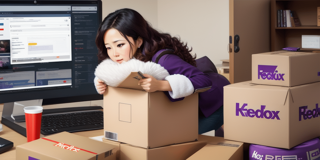 A woman in a purple jacket examines a box at her cluttered desk, where her computer displays FedEx Ship Manager next to emails. Nearby, several cardboard boxes labeled Kedex are stacked, hinting at an impending shipping task. A red cup rests on the desk amid the chaos.
