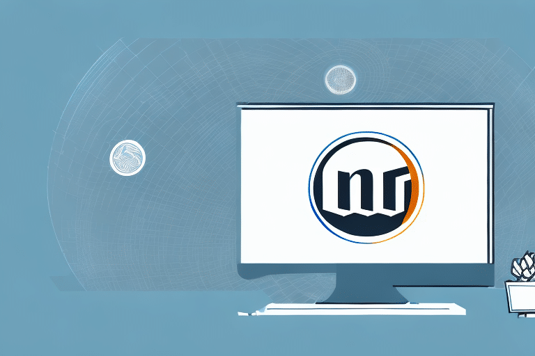 A computer screen showcases an abstract logo with stylized letters M and N encircled, resembling a worldship emblem. The blue background features circular patterns, adding depth, while a small computer setup sits to the right, ready to communicate digital wonders.