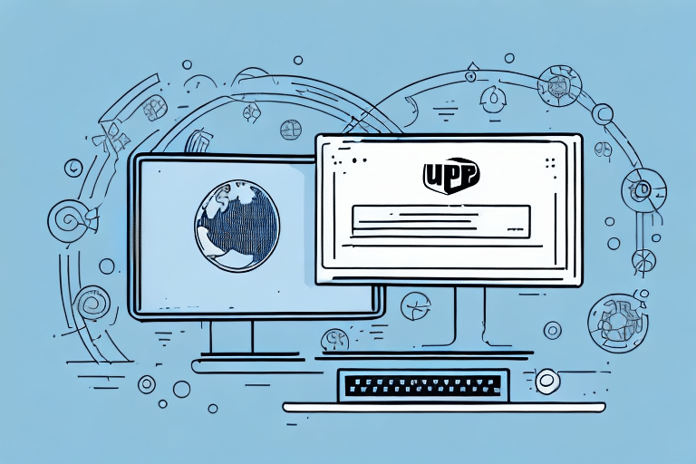 Illustration of two computer monitors on a blue background. One screen displays a globe, while the other shows a web browser with a www header. Doodles of tech and network icons, including UPS Worldship Remote, surround the computers, all running smoothly without rebooting.