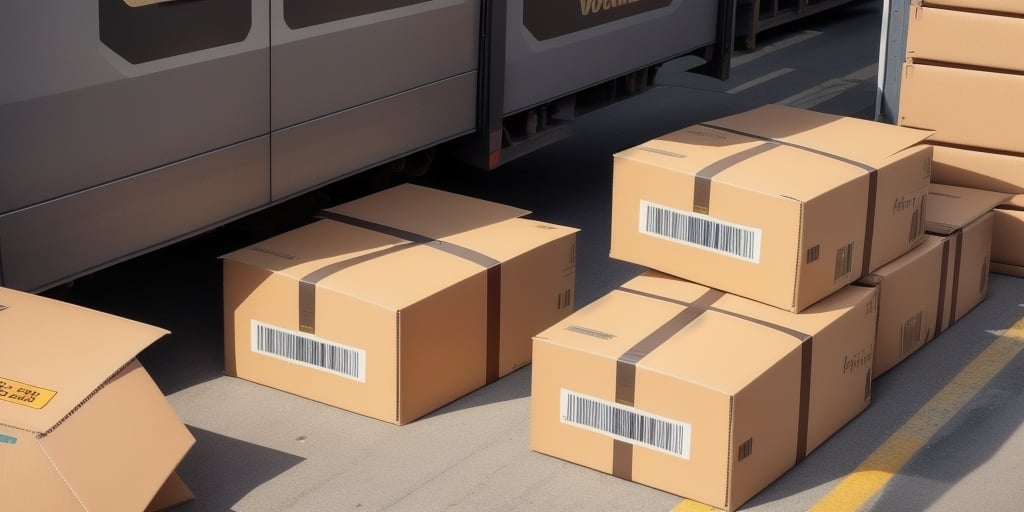 Several cardboard boxes with barcodes are stacked next to a delivery truck on a street. These neatly arranged boxes are ready for unloading or transport, while nearby, a worker is busy troubleshooting importing issues to UPS Worldship.
