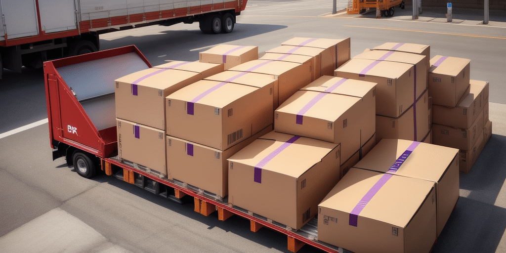 A red flatbed truck loaded with large cardboard boxes, each sealed with purple tape, is parked in an industrial area alongside other vehicles and warehouses. The scene suggests a FedEx shipping operation, perhaps managed through FedEx Ship Manager to streamline logistics efficiently.