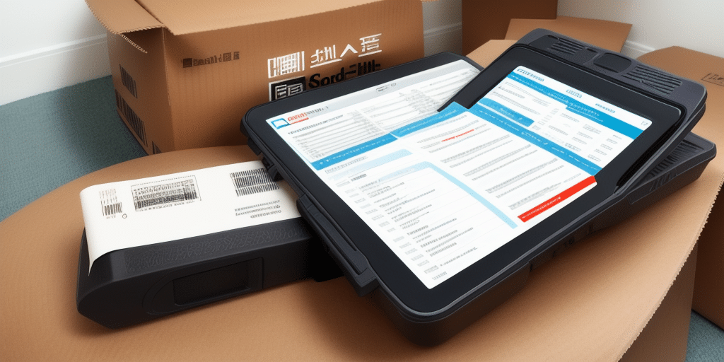 A tablet displaying logistics data and a barcode scanner rest on a cardboard box, with PDFs of shipping labels visible. More boxes lie in the background, indicating an active UPS Worldship setup for seamless inventory management.