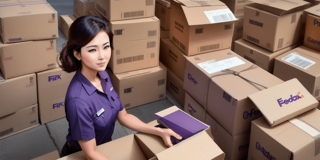 A woman in a purple uniform stands amidst stacks of FedEx packages, organizing boxes while holding a clipboard. Her efficient demeanor suggests shes using FedEx Ship Manager to streamline operations in the bustling warehouse environment.