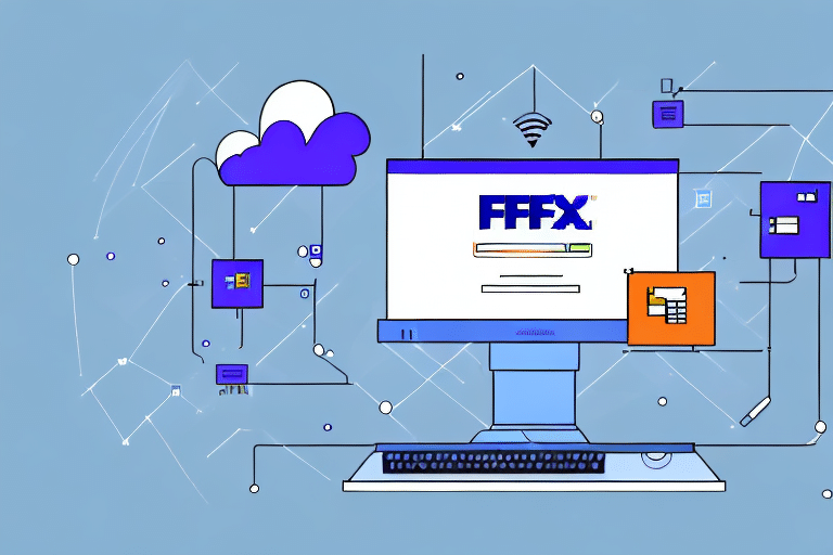 Illustration of a computer screen displaying FFFX, surrounded by cloud, wireless, and connected device icons, symbolizing digital connectivity akin to installing and configuring FedEx Ship Manager Server. The blue background features lines and geometric shapes interconnecting the elements.