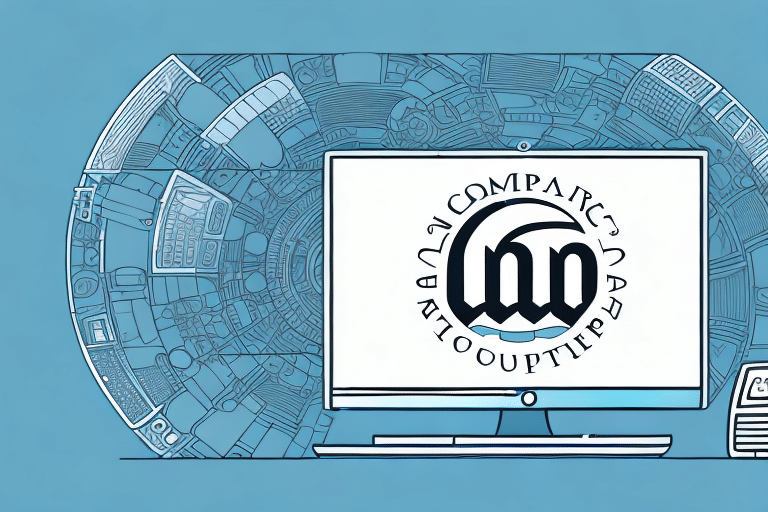 A computer screen displays a circular logo with abstract motifs in a futuristic, tech-themed room where devices like UPS WorldShip play key roles. The intricate circuit designs on the blue walls complement the nearby keyboard and stacked disks, making it perfect for generating reports.