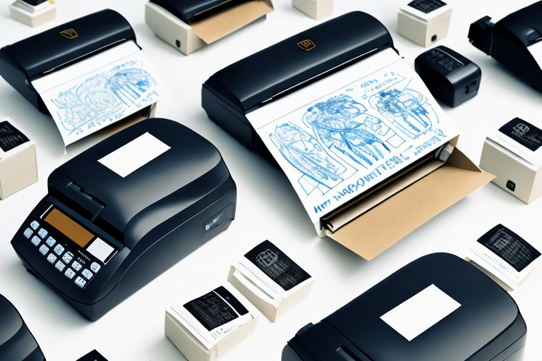 A collection of various black printers on a white surface. Some are printing blue designs on paper, while others, configured with label settings, are surrounded by small cardboard boxes. The setup appears organized in a grid-like fashion.