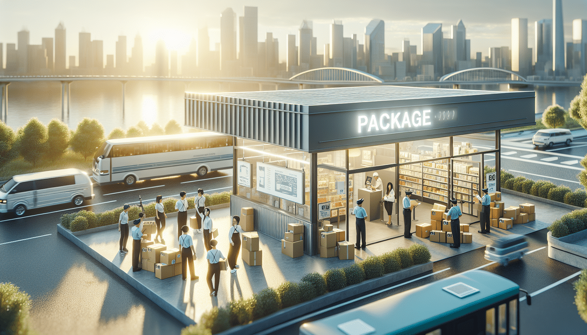 A parcel pickup station buzzes with energy as people attend to their delivery needs. Set against an urban backdrop with city skylines and bridges, the sun paints a dramatic sky, while buses and cars maneuver the bustling streets nearby.