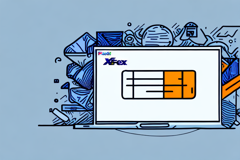 An illustration of a computer screen displays a spreadsheet with the logo Xfex at the top, echoing elements of FedEx Ship Manager. The background features abstract designs in blue and orange tones, symbolizing issue 해결하기 for systems stuck on initializing.