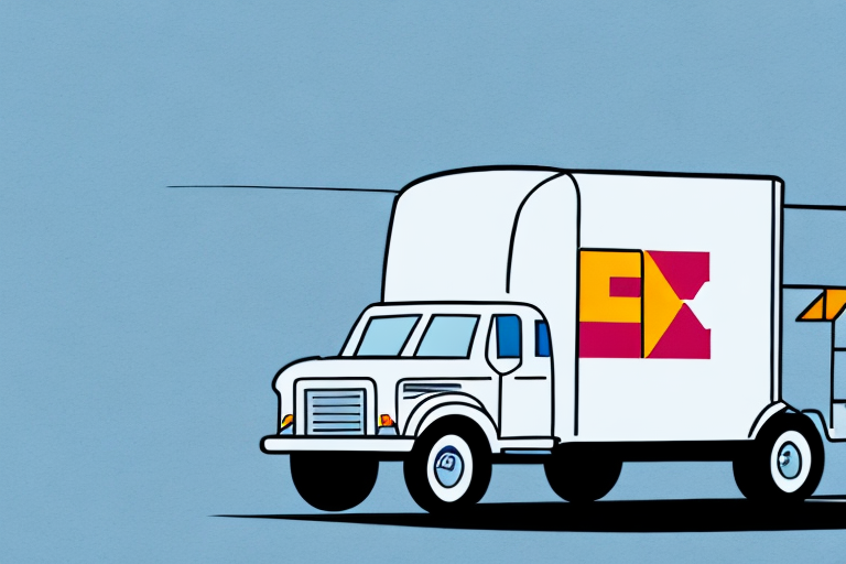 Illustration of a white delivery truck with a colorful logo resembling a stylized letter. The truck features subtle hints of FedEx Ship Manager software branding, set against a light blue background, creating a simple, modern design.