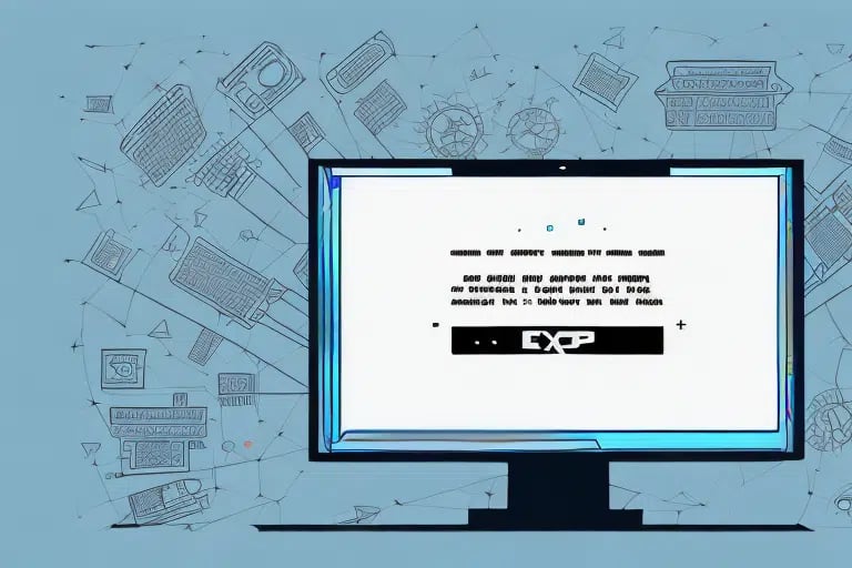 A computer monitor displays an inscrutable SQL Express error message in block letters and symbols. The screen casts a blue glow, surrounded by sketched patterns of abstract technology components against a light blue background, suggesting the need for immediate troubleshooting.