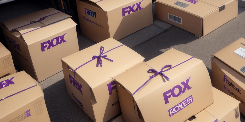 Several cardboard boxes with FOX logos and purple ribbons are arranged on the ground. Some display additional branding, like ROXER, along with FedEx Ship Manager labels. These boxes, ready for delivery or storage, could be tracked via email notifications for added convenience.