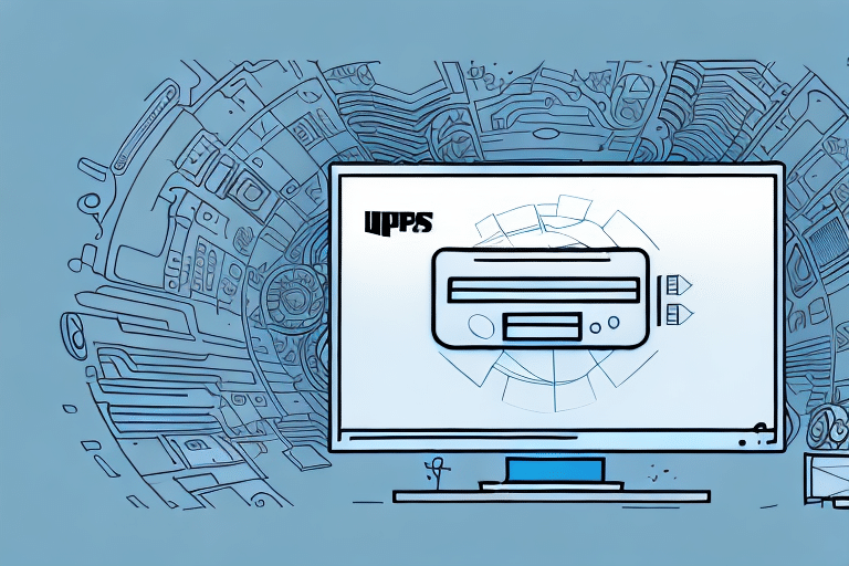 A computer monitor displays a printer icon with UPPS above it, set against a blue, abstract design resembling gears and machinery. The scene subtly evokes the efficiency of UPS WorldShip 2018s Move Data feature, enabling seamless data transfer.