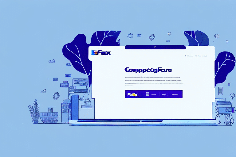 A laptop shows ComapcogFore on its screen, creating a digital haven as remote workstation essentials surround it—potted plants, books, and a coffee cup—all set against a soothing blue background. Perfect for managing tasks or keeping track of FedEx Ship Manager updates.