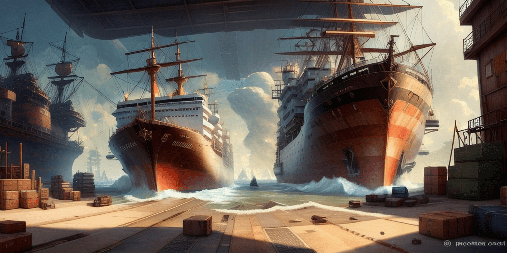 Two large ships docked in a harbor under a towering structure create a dynamic scene, much like troubleshooting UPS WorldShip errors. Waves crash against the vessels, while crates and shipping containers are scattered on the dock. A small boat navigates in the distance, braving the bustling waters.