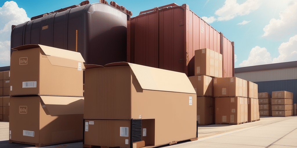 Under a blue sky with scattered clouds, large stacks of shipping containers and cardboard boxes are neatly arranged in an outdoor industrial area. The boxes rest on pallets, displaying text on their sides, highlighting UPS WorldShip Clouds business benefits.