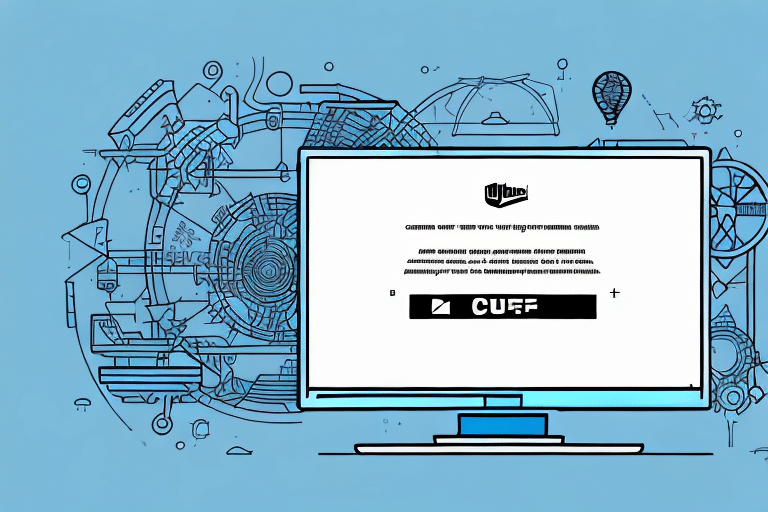 A computer screen displaying a website with text and a logo, set against a blue background with intricate, abstract mechanical and gear designs, reminiscent of an installation failure in UPS Worldship.