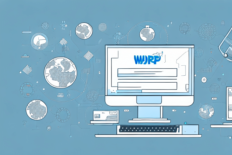 Illustration of a computer displaying the text WJRP on its screen, surrounded by various technology and communication icons like globes, a smartphone, and network symbols on a blue background, highlighting troubleshooting concepts for Database Check Failures.