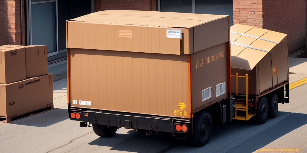 A large brown truck with a container labeled SUPPPARENT is parked near a warehouse, its operations streamlined with UPS WorldShip. Two large cardboard boxes are beside it, ready for loading or unloading in a sunny industrial setting.