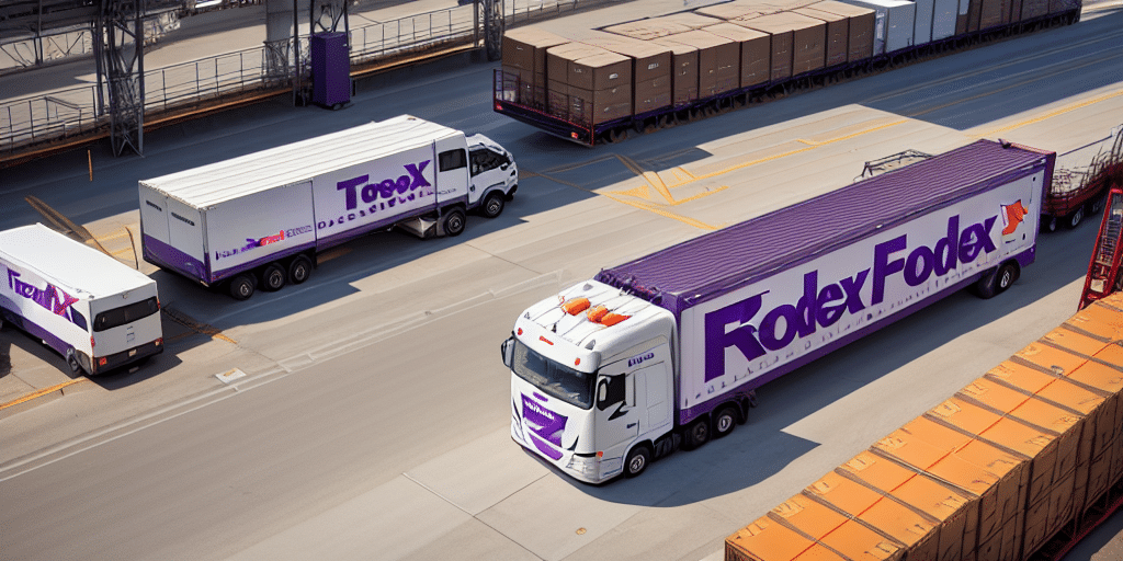 Three trucks with FedEx branding are parked or moving at a large distribution center, where FedEx Ship Manager updates streamline logistics. They are surrounded by cargo containers and industrial facilities, highlighting the efficiency of transportation operations.