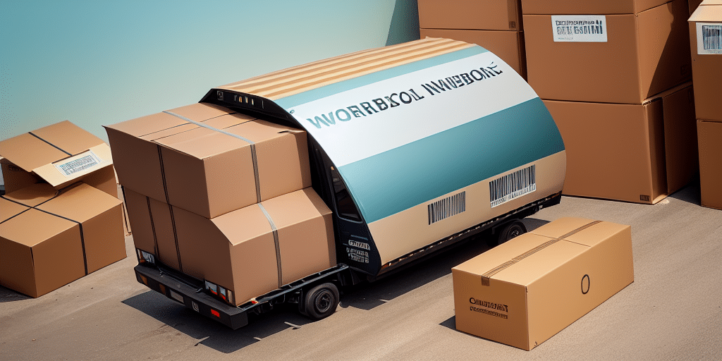 A futuristic delivery truck with a sleek, curved design is stacked with large cardboard boxes, seamlessly integrating QuickBooks technology. Parked among more boxes, the teal and white vehicle showcases unreadable text on its side.