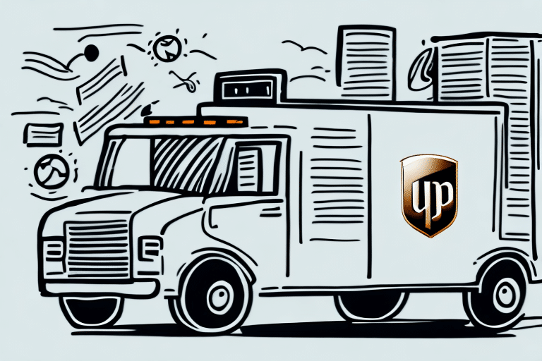 Illustration of a delivery truck with a shield logo on the side, symbolizing UPS Worldship efficiency, against a background of flying papers and clock hands. The cartoon-like truck captures the speed and precision of timely shipments and ship arrival dates.