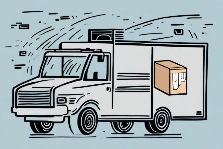 Illustration of a delivery truck with a large cardboard box on its side, depicted in simple black and white line art. The light blue background subtly features the UPS WorldShip logo, hinting at efficient downloading of the latest rates.