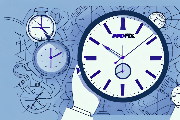 A hand holds a large clock with the letters FX on its face, reminiscent of FedEx Ship Manager. Several smaller clocks and abstract line drawings in the background suggest themes of shipping duration and fluidity. The color scheme is primarily blue and white.