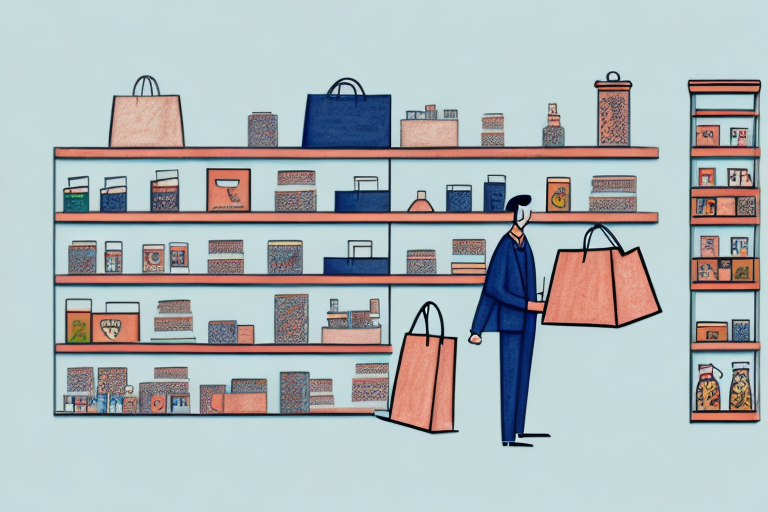 An illustration of a person shopping in a store, holding shopping bags, captures the essence of maximizing sales. They stand before neatly organized shelves filled with various boxes, jars, and containers against a light blue background.