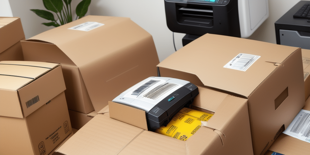 Cardboard boxes of various sizes are stacked around a UPS Worldship Printer, some with shipping labels already attached. A plant is visible in the background, signaling the end of day setup.