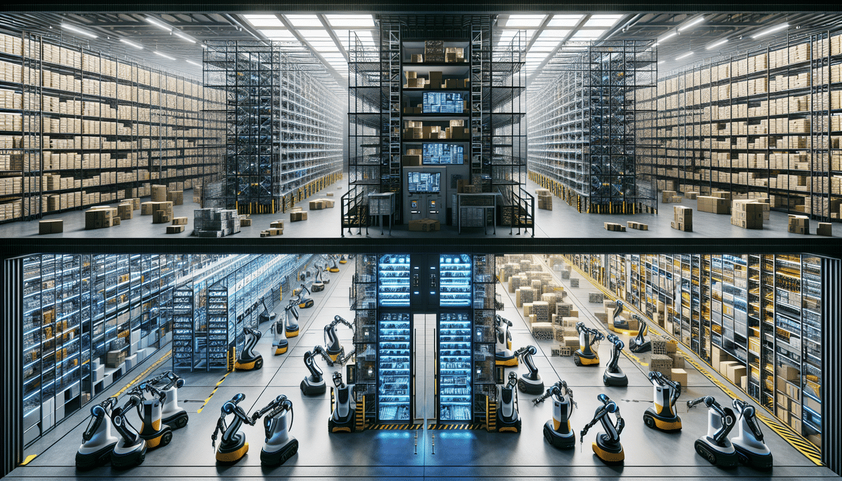 A large, modern warehouse with high shelves filled with boxes features an AutoStore system where automated robotic arms efficiently handle packages. The well-lit space showcases organized rows and advanced technology, highlighting the seamless integration of Geek+ solutions for optimal operations.