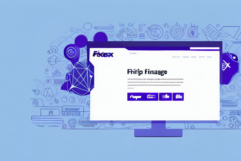 A computer monitor displays a website with a blue theme, showcasing logos and text alongside FedEx Ship Manager tools. The background is filled with abstract icons, including geometric patterns and digital motifs, all in shades of blue and purple.
