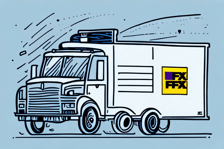 Illustration of a white delivery truck with blue accents driving left. The truck features a freezer unit on top and a partially visible FX logo, reminiscent of FedEx Ship Manager. The light blue background, adorned with dynamic lines, captures the essence of swift transportation.