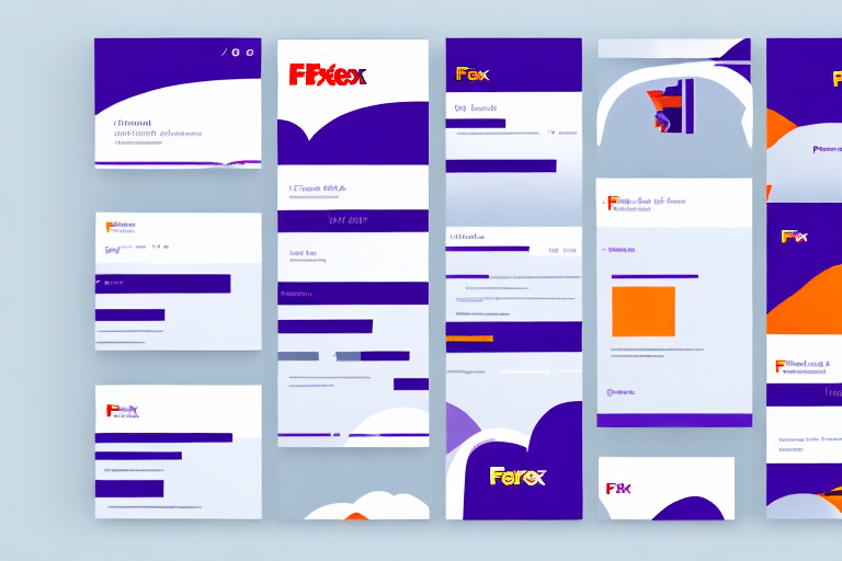 A collage of business card and letterhead designs featuring bold purple, orange, and white colors. The abstract shapes and varied typography create a modern aesthetic akin to a comprehensive guide for dynamic branding, reminiscent of FedEx Ship Managers sleek functionality.