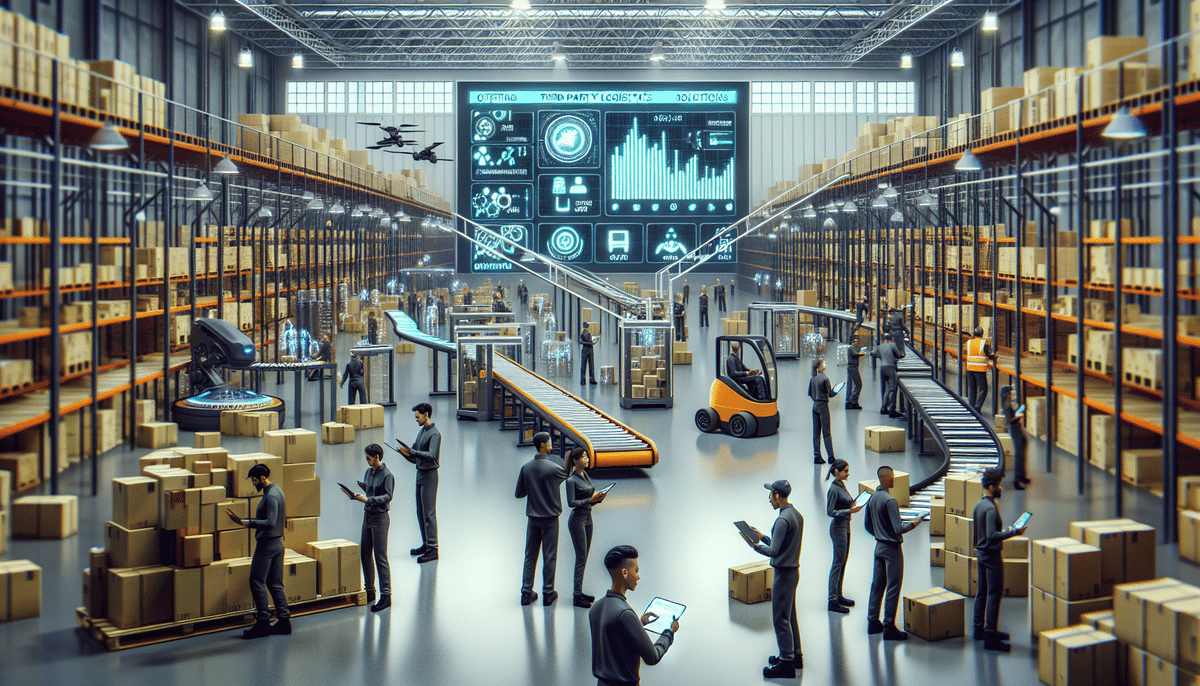 In a futuristic warehouse, GrowthJets fulfillment process thrives as workers use tablets amidst shelves of boxes. Robots and drones assist in transporting items, while a digital screen displays essential data. A conveyor belt keeps the 3PL logistics operation seamless and efficient.