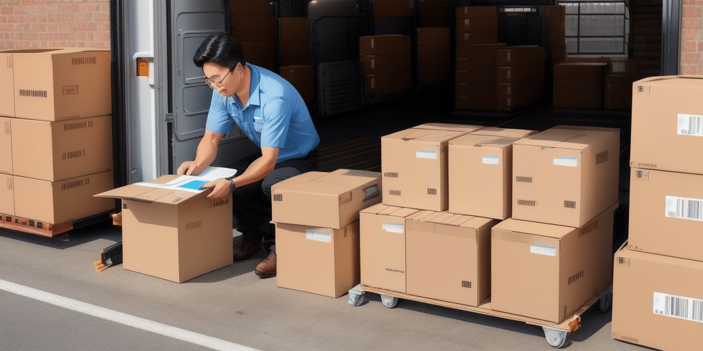 A person wearing a blue shirt is taping a package among several cardboard boxes outside a delivery truck, using UPS WorldShip to streamline the shipping process. The boxes are stacked on wheel carts and the truck doors are open, seamlessly indicating an efficient delivery operation.