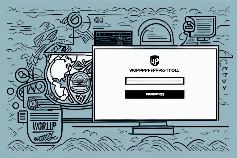 A stylized illustration of a computer screen displays a login page with the prompt WOPPPPPSPPPSTTOLL and the placeholder PASSWORD. Amidst various abstract elements like a globe, documents, and digital icons, hints of UPS WorldShip add intrigue to the otherwise conventional scene.