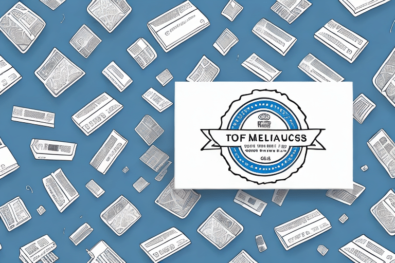A blue background adorned with various illustrated electronic devices sets the scene. A central white box features a blue circular emblem with text, including TOF MELIACSS. The design resembles a promotional poster, much like an unavailable 4x6 default print in UPS WorldShip.