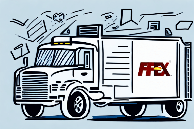 Illustration of a delivery truck with the letters FFEX on the side, reminiscent of FedEx shipping. Envelopes and packages fly around the truck, emphasizing movement and speed. The image, capturing the essence of Ground Ship efficiency, features a stylized, cartoon-like appearance.