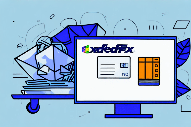 Illustration of a computer screen displaying a FedEx Ship Manager tracking interface by XdedFx. An envelope with tracking symbols is nearby. The background features abstract shapes in light blue, hinting at a troubleshooting aura for issues not showing charges.