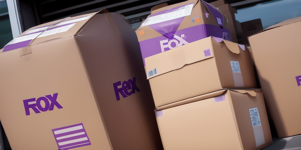 Several cardboard boxes with purple FOX logos are stacked in a delivery truck. The boxes vary in size, some adorned with shipping labels and QR codes generated by FedEx Ship Manager Software. The scene suggests an organized, ongoing delivery or shipment process.