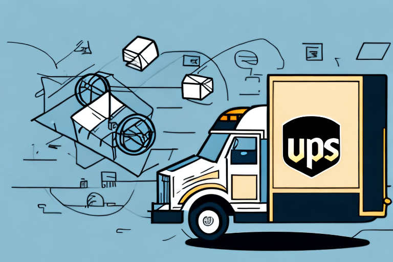 Illustration of a UPS delivery truck on a blue background with envelopes and packages. The design features dynamic lines and abstract shapes, emphasizing movement and efficient delivery, much like how UPS Worldship troubleshooting ensures smooth operations.