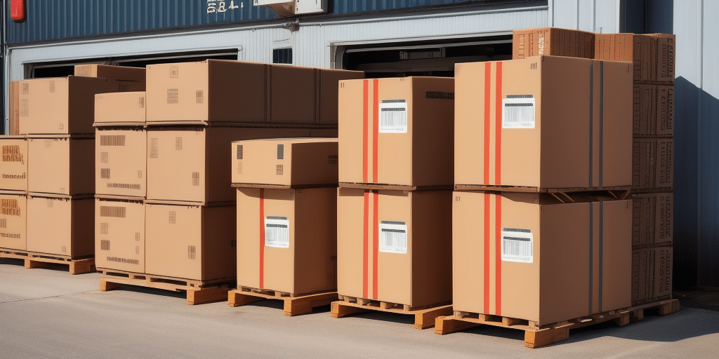 Stacks of large cardboard boxes arranged neatly on wooden pallets outside a warehouse await their journey. Labeled for export with negotiated rates via UPS WorldShip, the boxes stand ready for shipping or storage. In the background, open loading dock doors invite sunlight, casting long shadows.
