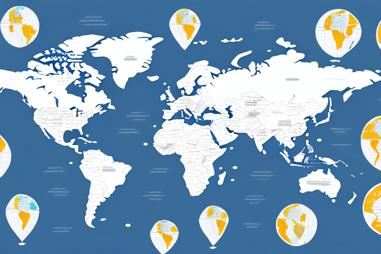 A world map displays continents in white against a blue background. Surrounding the map are various orange and white globe projections, highlighting different angles and perspectives, much like how FedEx Ship Manager provides diverse options for tracking shipments across country codes.