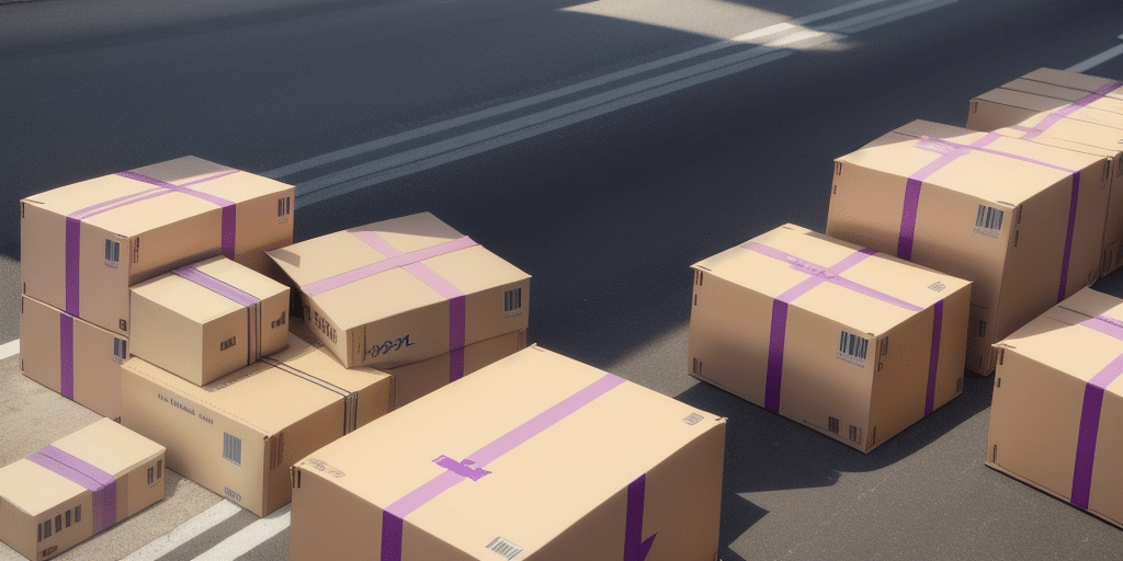 Several cardboard boxes with purple tape, resembling a FedEx Ship Manager mishap, are scattered on a road with double white lines, casting shadows in the sunlight. The boxes vary in size; some lie flat while others are slightly tilted or stacked, creating an obstacle course of cardboard chaos.