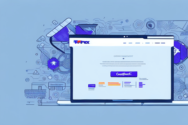 An illustration of a laptop displaying the FedEx website with FedEx Ship Manager on its screen. The background features abstract drawings of parcels and logistics symbols, emphasizing the theme of package delivery and courier services. The blue-and-white color scheme hints at seamless service, even amid integration issues.