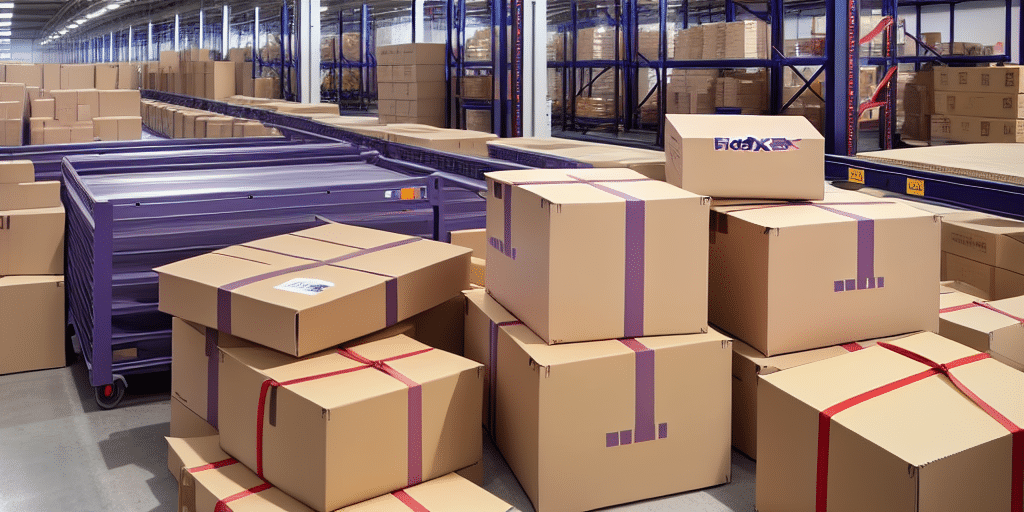 A warehouse filled with stacks of cardboard boxes, some with purple and red straps. A large purple cart is on the left, while metal shelving units line the walls, filled with more boxes ready for processing through FedEx Ship Manager.